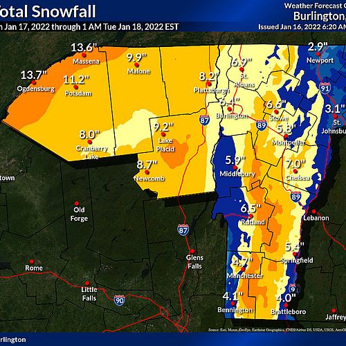 National Weather Service color-coded map calling for 6 or more inches across Vermont